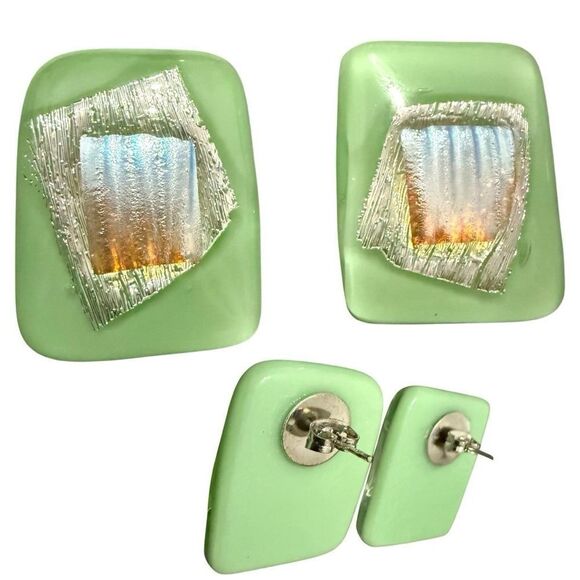 Mint Green Fused Glass Earrings – Handmade Iridescent Post-Back Jewelry - Picture 13 of 17